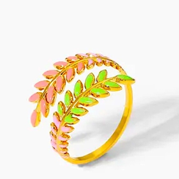 Gold Plated Leaf Design Multicolor Bangle Bracelet Ring Set - Picture 8 of 15
